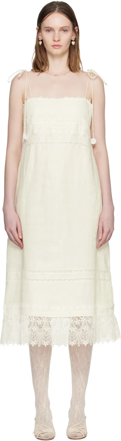 Valentino Off-white Linen Midi Dress In Gray
