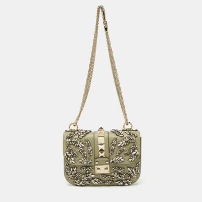 Pre-owned Valentino Garavani Olive Green Leather Small Rockstud Glam Lock Crystals Flap Bag