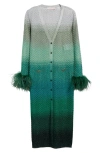 VALENTINO OMBRÉ METALLIC LONG CARDIGAN WITH FEATHER CUFFS