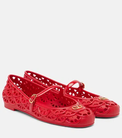 Valentino Garavani Gold-tone Signature Flat Shoes With Adjustable Strap And 5mm Heel Height In Red