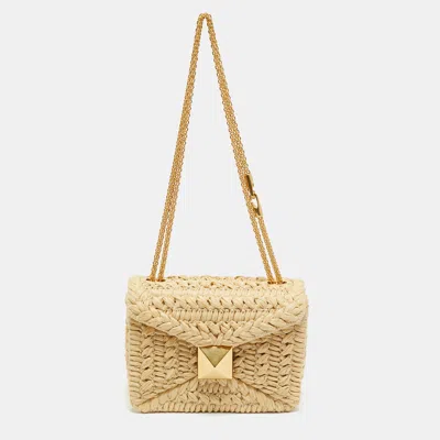Pre-owned Valentino Garavani One Stud Beige Raffia Shoulder Bag In Sand