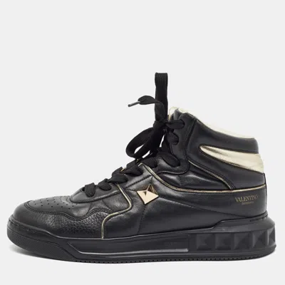 Pre-owned Valentino Garavani One Stud Size 42.5 Black/gold Leather High Top Sneakers