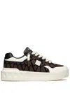 Valentino One Stud Xl Low-top Sneaker In Nappa Leather And Jacquard Toile Iconographe Technical Fabric In Brown