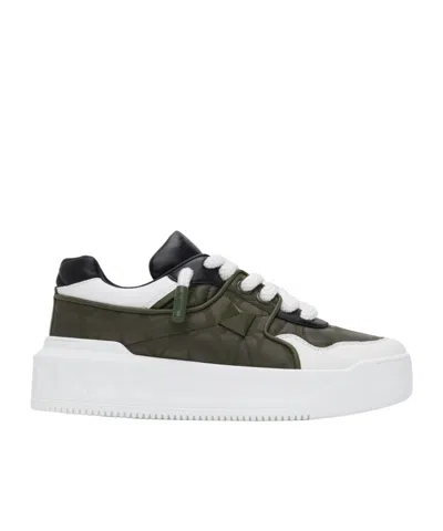 VALENTINO GARAVANI ONE STUD XL LOW-TOP SNEAKER IN NAPPA LEATHER AND JACQUARD TOILE ICONOGRAPHE TECHNICAL FABRIC