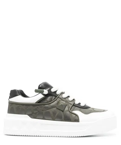 Valentino Garavani One Stud Xl Low-top Sneaker In Nappa Leather And Jacquard Toile Iconographe Technical Fabric In White