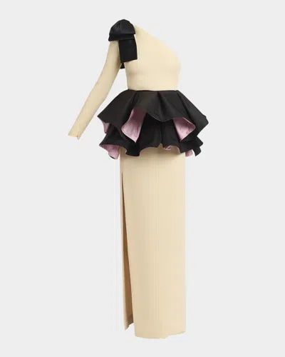 Valentino One-shoulder Peplum Column Gown In Neutral