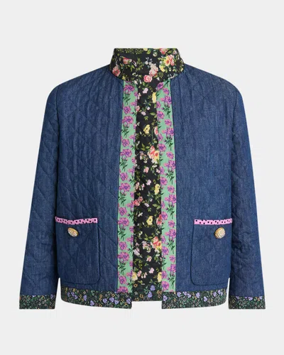 Valentino Open-front Quilted Chambray Jacket In Blue