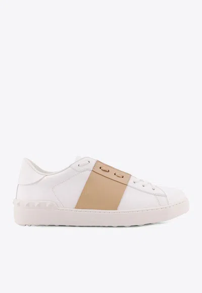 Valentino Garavani Open Sneakers In Leather With Contrast Colored Stripe And Stud Detail In Nude