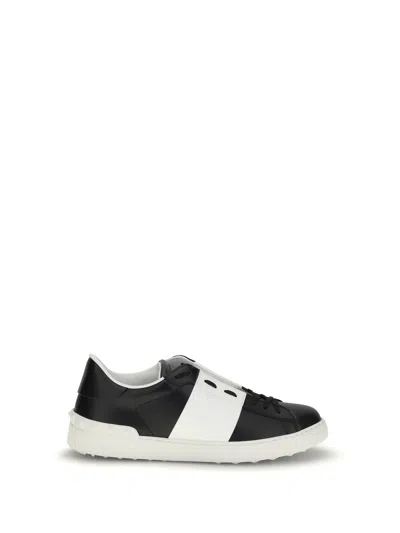 Valentino Garavani Black Leather Open Sneakers With White Band In Multi