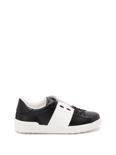 Valentino Garavani Black Leather Open Sneakers With White Band In Multi
