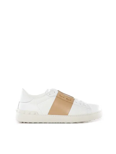 Valentino Garavani Open Sneakers In Leather With Contrast Colored Stripe And Stud Detail In Nude