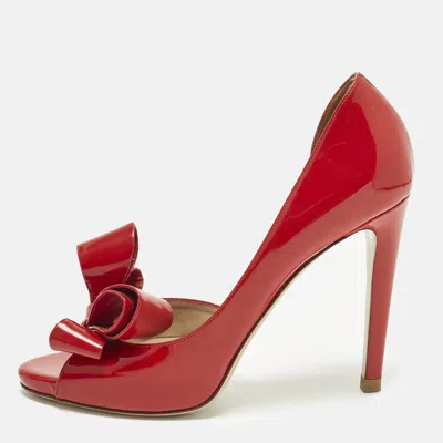 Pre-owned Valentino Garavani Open Toe Size 38 Red Patent Leather Bow D'orsay Pumps