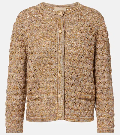Valentino Open-knit Linen-blend Lamé Cardigan In Brown