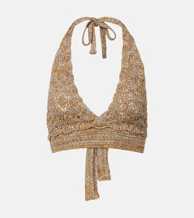 Valentino Open-knit Linen-blend Lamé Crop Top In Brown