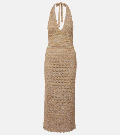 Valentino Open-knit Linen-blend Lamé Midi Dress In Brown