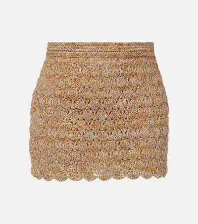 Valentino Open-knit Linen-blend Lamé Miniskirt In Brown