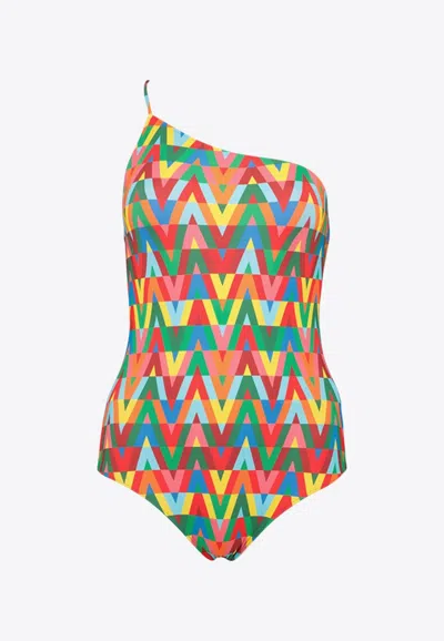 Valentino Optical Logo One-shoulder One-piece Swimsuit In Multicolor