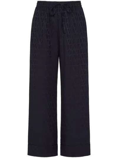 Valentino Optical V Silk Trousers In Blue