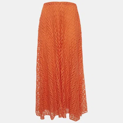 Pre-owned Valentino Orange Lace Midi Skirt M