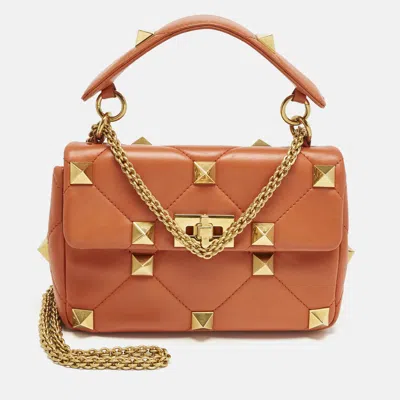 Pre-owned Valentino Garavani Orange Quilted Leather Medium Roman Stud Top Handle Bag