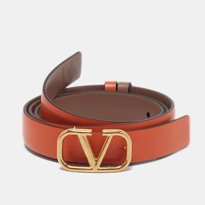 Pre-owned Valentino Garavani Orange/beige Leather Vlogo Slim Buckle Belt 80cm