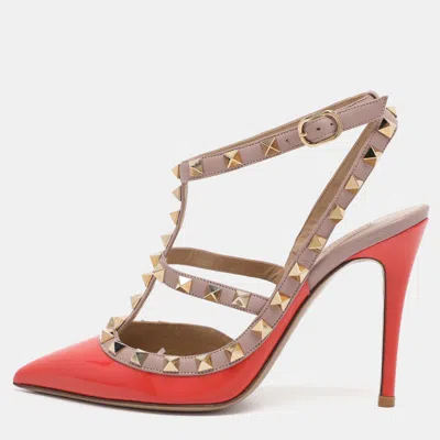 Pre-owned Valentino Garavani Orange/beige Patent Leather Rockstud Caged Ankle Strap Pumps Size 36