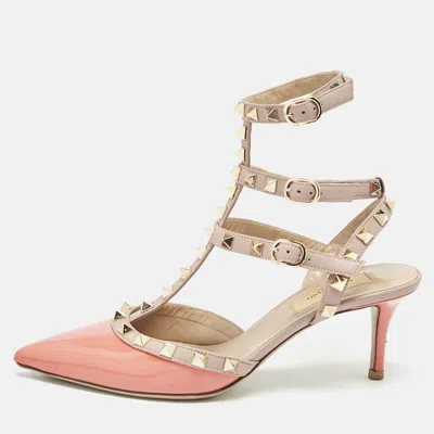 Pre-owned Valentino Garavani Orange/beige Patent Leather Rockstud Caged Ankle Strap Pumps Size 37