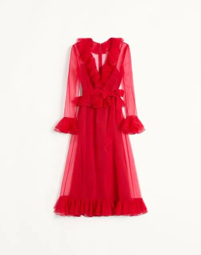 Valentino Womens Paris V-neck Ruffle-trim Silk Midi Dress In Red