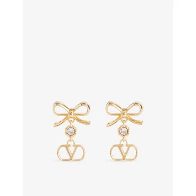 Valentino Garavani Oro/crystal Vlogo Bow Brass Drop Earrings In Gold