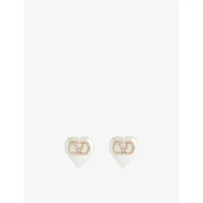 Valentino Garavani Oro/crystal/cream Heart Pearl Crystal V-logo Gold-plated Earrings