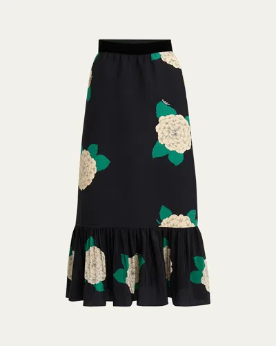 VALENTINO ORTENSIA-PRINT CREPE RUFFLE ANKLE SKIRT
