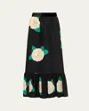 Valentino Ortensia-print Crepe Ruffle Ankle Skirt In Black