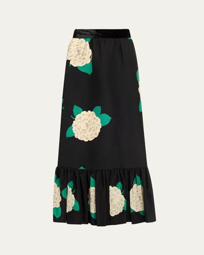Valentino Ortensia-print Crepe Ruffle Ankle Skirt In Black
