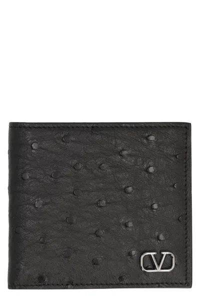 Valentino Garavani Ostrich Leather Wallet For Men In Black