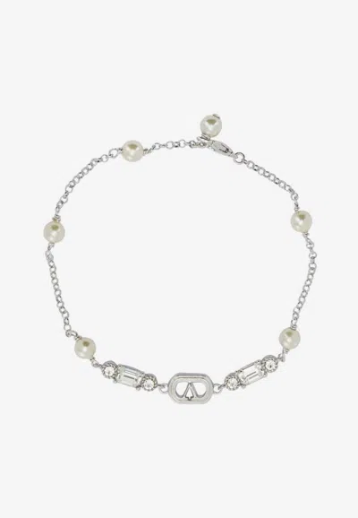 Valentino Garavani Ovalette Bracelet With Pearls And Crystals In Metallic