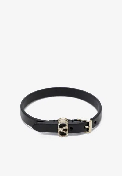Valentino Garavani Ovalette Leather And Crystal Bracelet In Black