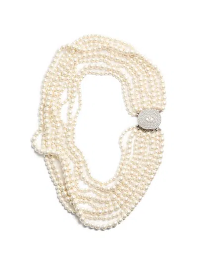 Valentino Garavani Ovalette Necklace In Metal, Baroque Glass Pearls, And Swarovski® Crystals In Neutral