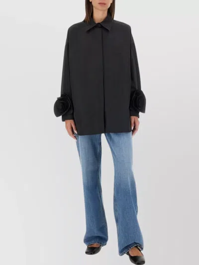 Valentino Oversized Floral Embellished Collared Neck Jacket In Black