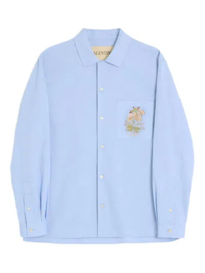 Valentino Oxford Cotton Shirt With Floral Embroidery In Blue