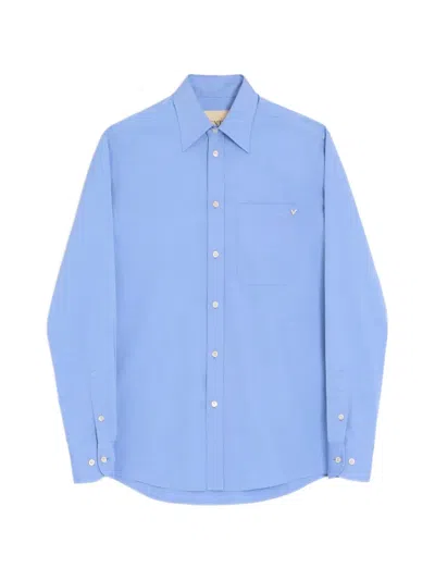 Valentino Vgold Cotton Shirt Point Collar Cuffs Pocket In Blue