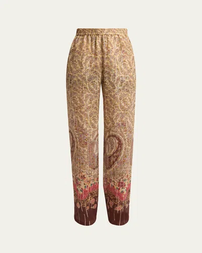 Valentino Paisley Metallic Silk Straight-leg Pull-on Pants In Multi