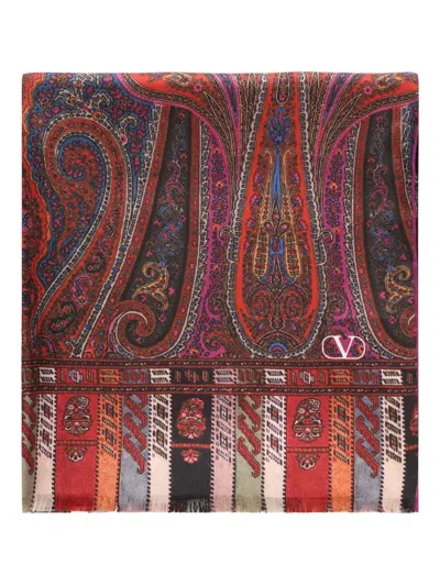 Valentino Paisley-pattern Fringed Scarf In Red