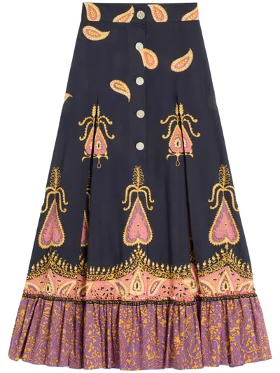 Valentino Paisley High Waist Skirt With Ruffled Hem In Indaco Multicolor