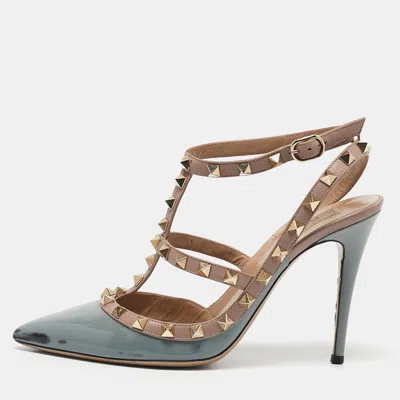 Pre-owned Valentino Garavani Pale Blue/beige Patent Leather Rockstud Ankle Strap Pumps Size 38