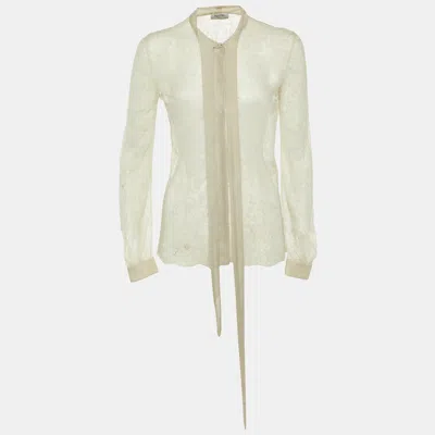 Pre-owned Valentino Pale Grey Lace Neck Tie Sheer Blouse S In Gray