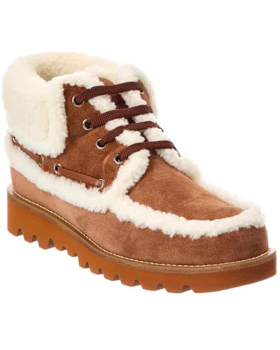Valentino Garavani Palm Avenue Ankle Boot In Split-grain Leather And Wool 25mm Woman Tobacco/natural In Brown
