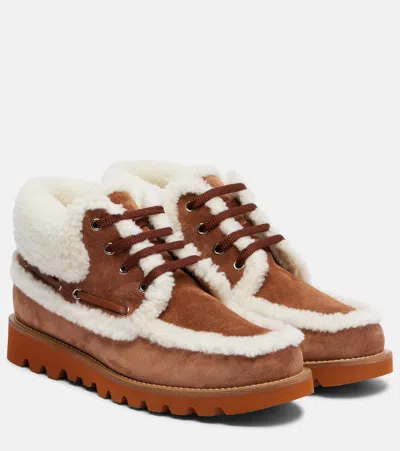 Valentino Garavani Palm Avenue Ankle Boot In Split-grain Leather And Wool 25mm Woman Tobacco/natural In Brown