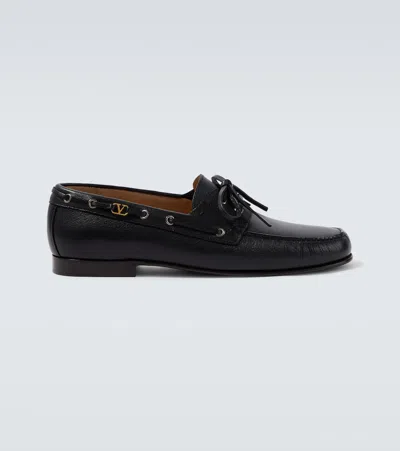 Valentino Garavani Palm Avenue Vlogo Leather Boat Shoes In Black