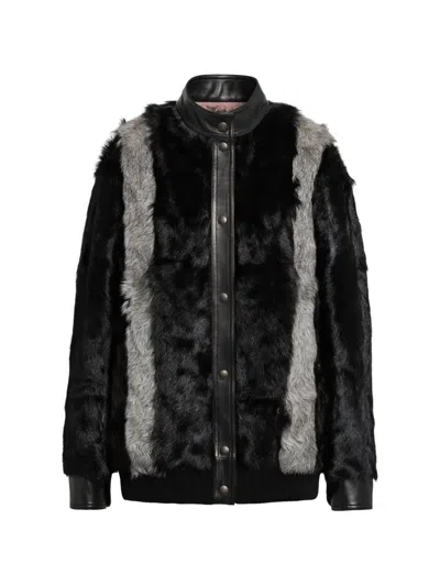 Valentino Leather-trimmed Striped Shearling Jacket In Animal Print