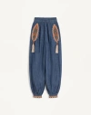 Valentino Embroidered Chambray Denim Wide-leg Crop Blouson Trousers In Medium Blue Denim